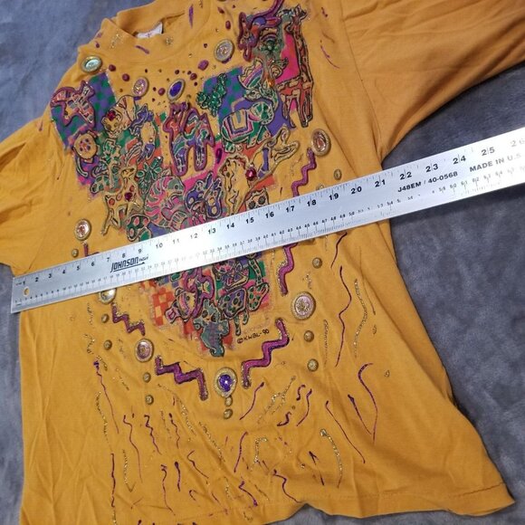 Vintage KWBL Los Angeles Mock Neck Mirror Paint Metallic Top 3/4 Sleeve Mustard - Picture 6 of 7